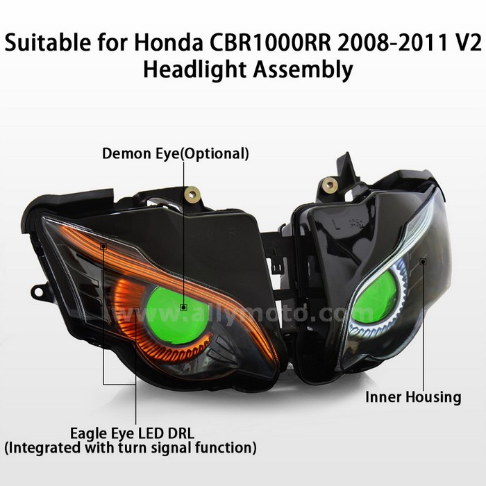 070 Headlight Full Kit Eagle Eye Drl Honda Cbr1000Rr 2008 2009 2010 2011 Green-4